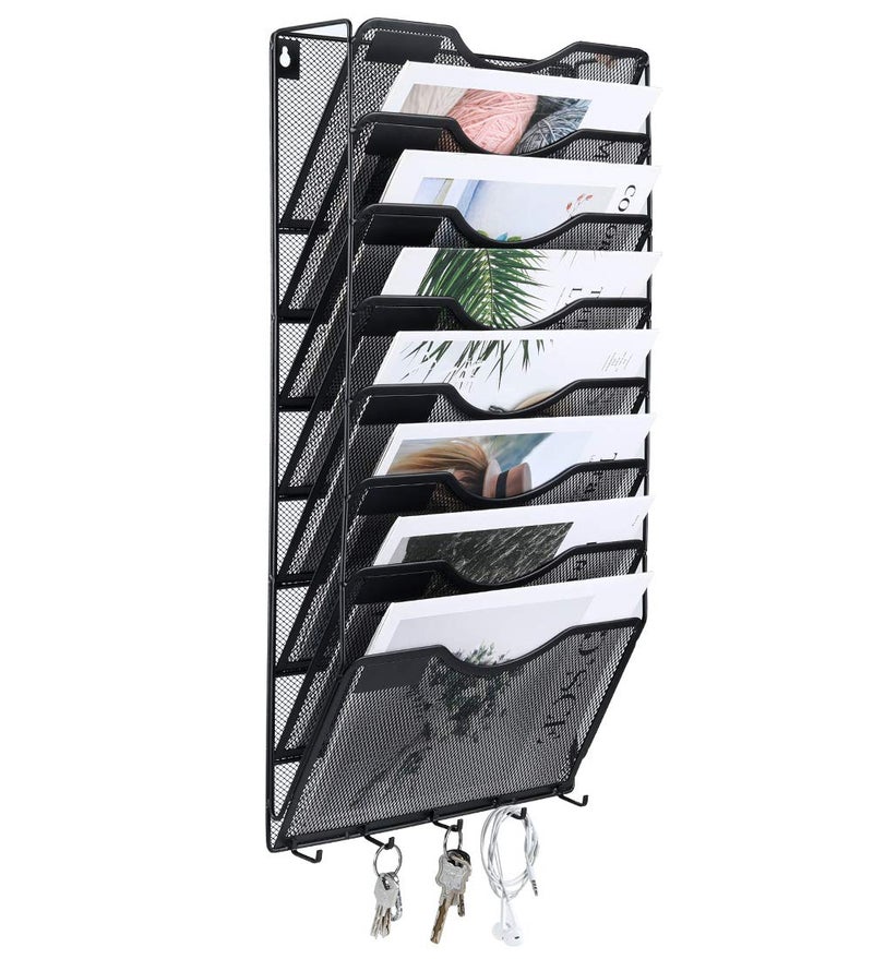 EasyPAG 8 Pocket Mesh Wall File Organizer with Key Hooks, Hanging Paper Folder Holder with Classify Label, Vertical Wall Mount Mail Organizer for Office Home Classroom, Black - Image 1